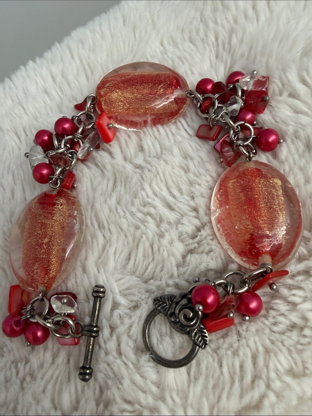 Vintage Red and Gold Glass Bead Charm Bracelet
